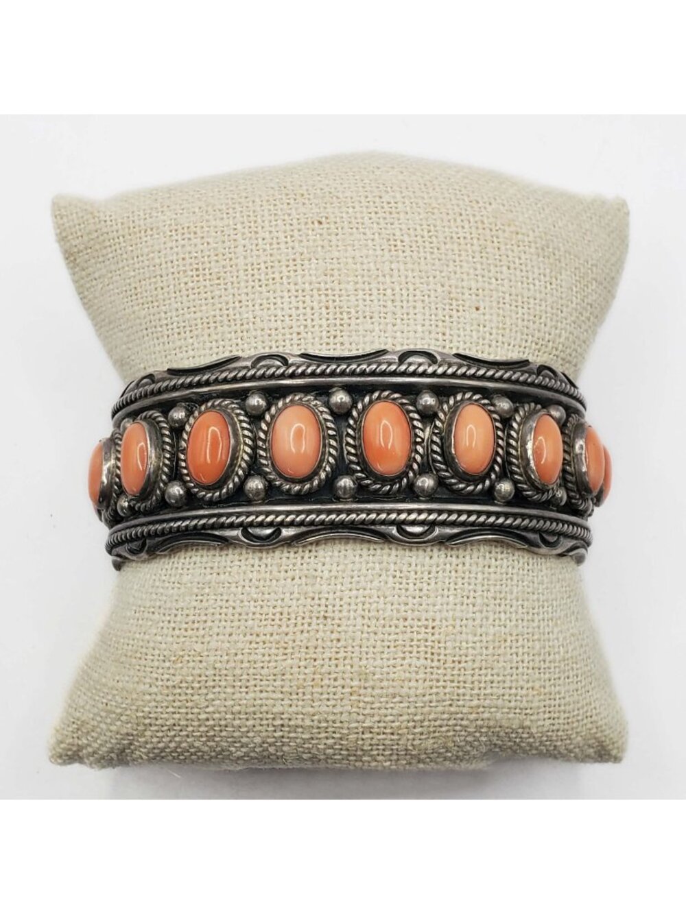 George Begay Navajo Salmon Pink Coral Cabochon Cuff Bracelet Sterling Silver